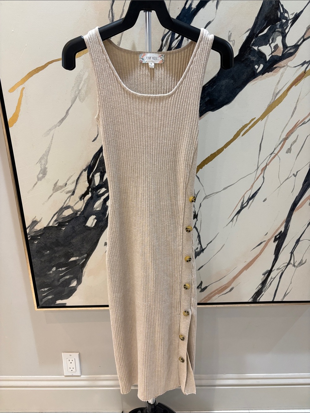 Pink Rose Cream Ribbed Midi Tank Dress with Side Button Trim